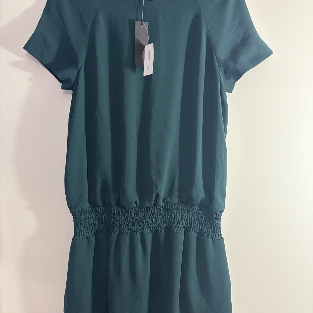 NWT- Banana Republic Smocked Tiered-Hem Dress in a dark jade green